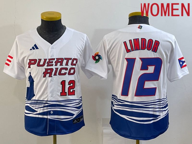 Women 2023 World Cub #12 Lindor White MLB Jersey5->women mlb jersey->Women Jersey